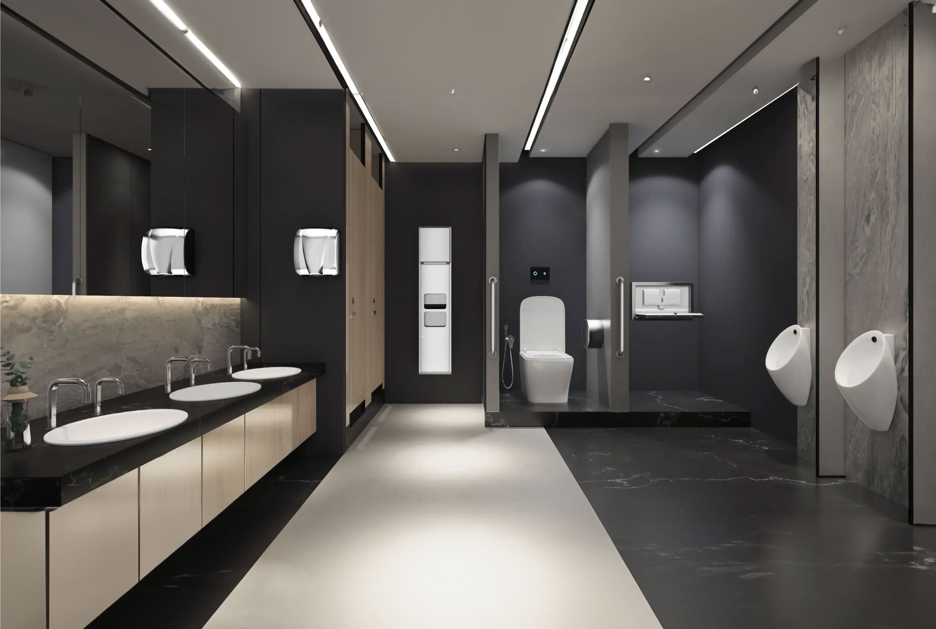 Washroom Scene Where Euronics Products Like Hand Dryer Machine, Automatic Taps Washroom Panels, Urinal & wc flusher and other products are aesthetically present.