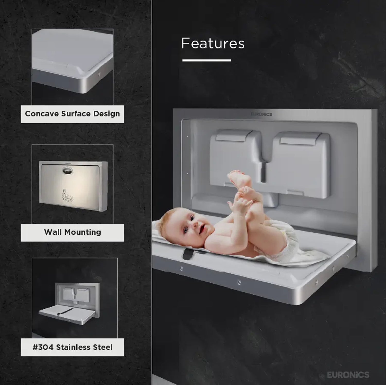 EDC3S Baby Diaper Changing Station (Steel) Wall-Mounted Stainless Steel Baby Diaper Changing Station for Commercial Washrooms