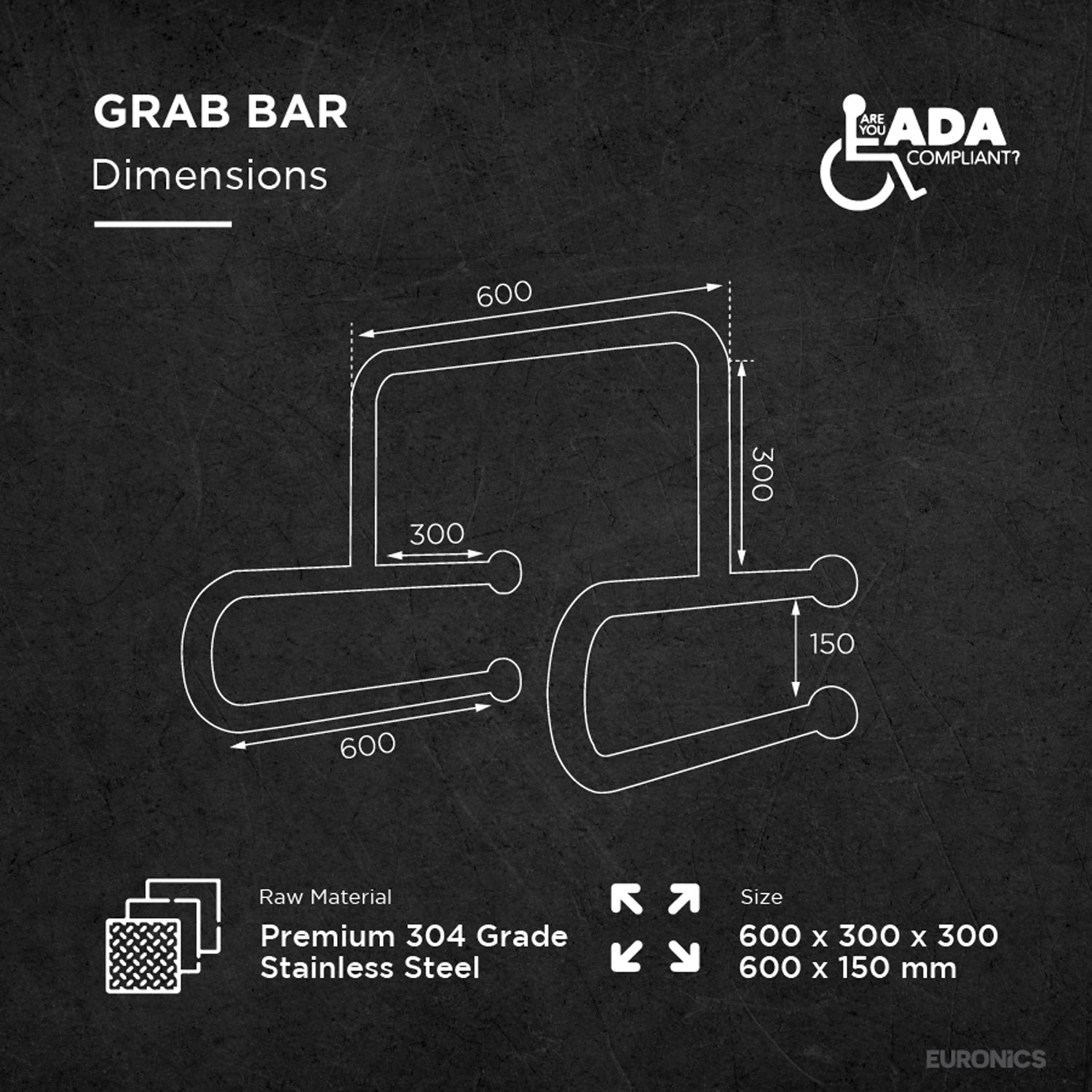 Image of EGR5U Stainless Steel Safety Grab Bar for Urinal Areas