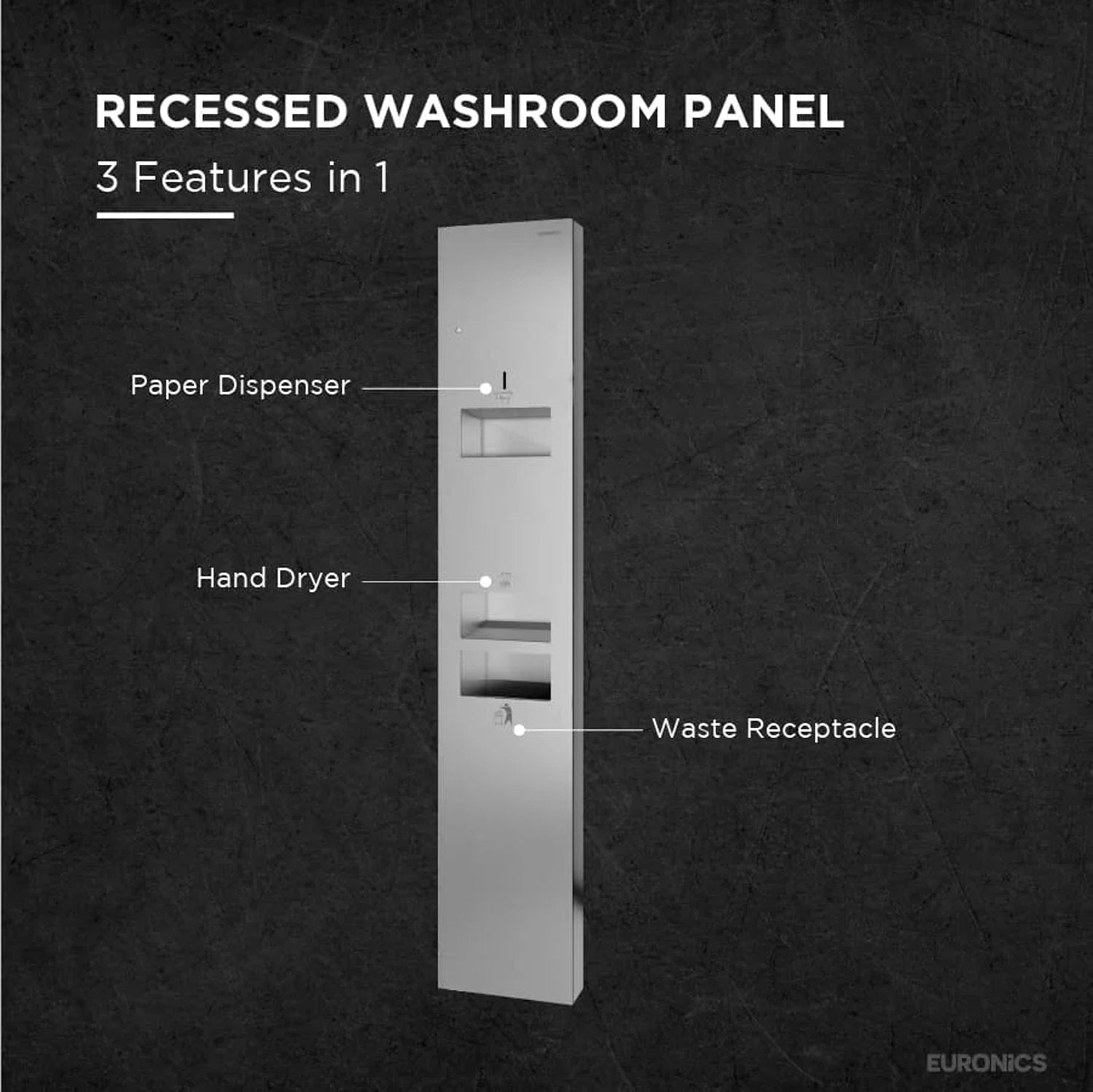 KMR2NE — All-in-One Washroom Panel

Hand Dryer + Tissue Dispenser + Waste Receptacle (Surface Mounted)