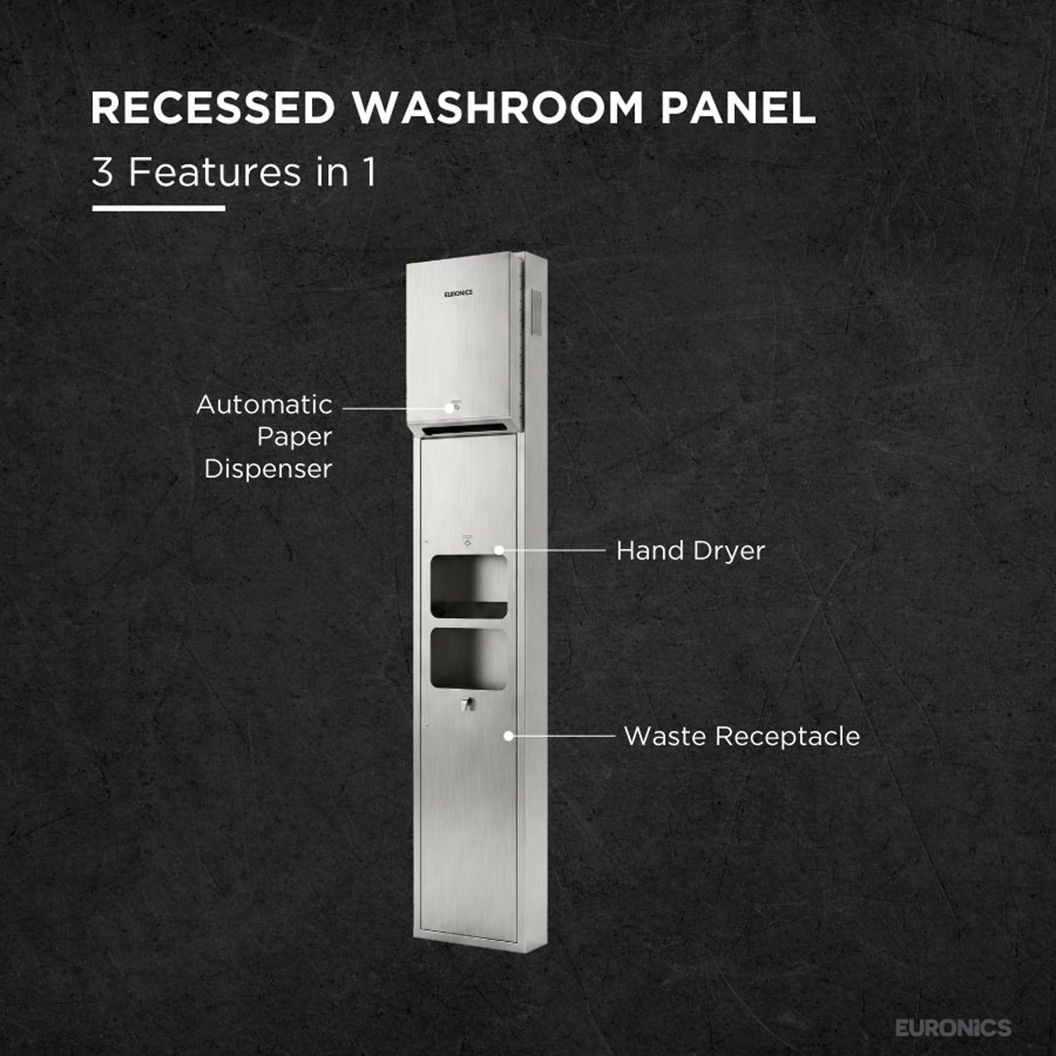 KMR53AE — All-in-One Washroom Panel

Automatic Paper Roll Dispenser + Hand Dryer + Waste Receptacle