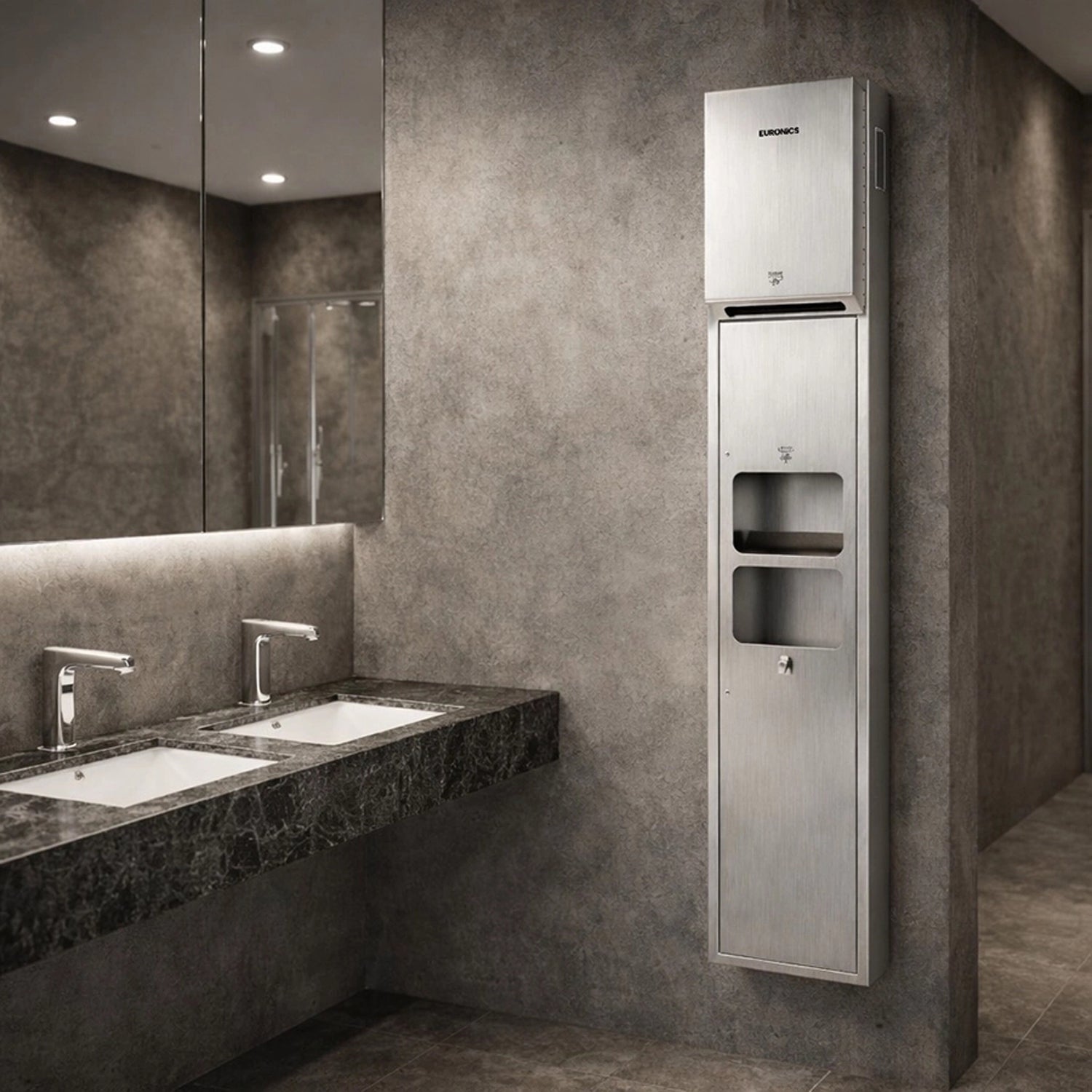 KMR53AE — All-in-One Washroom Panel

Automatic Paper Roll Dispenser + Hand Dryer + Waste Receptacle