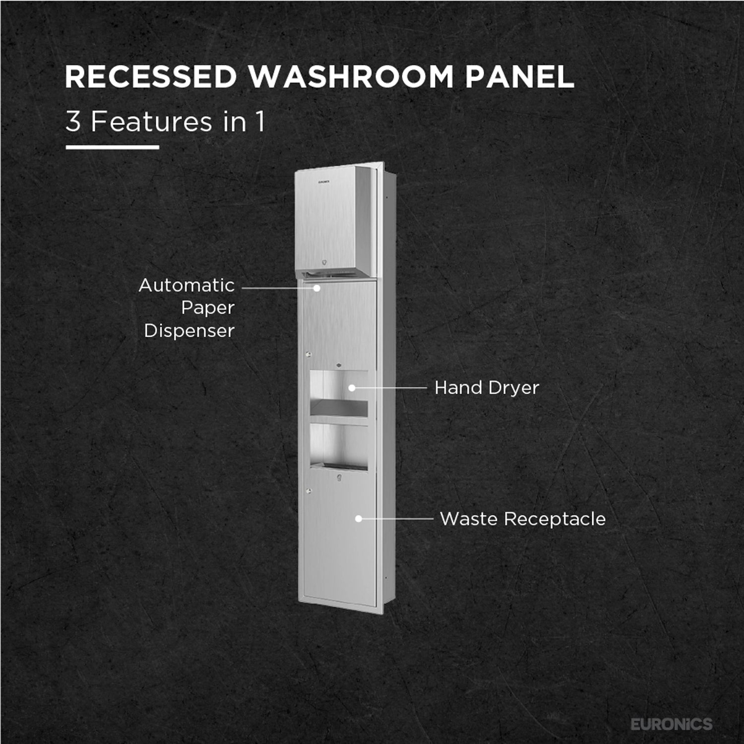 Image of Trimax R5— Recessed All-in-One Washroom Panel

Automatic Paper Roll Dispenser + Hand Dryer + Waste Receptacle