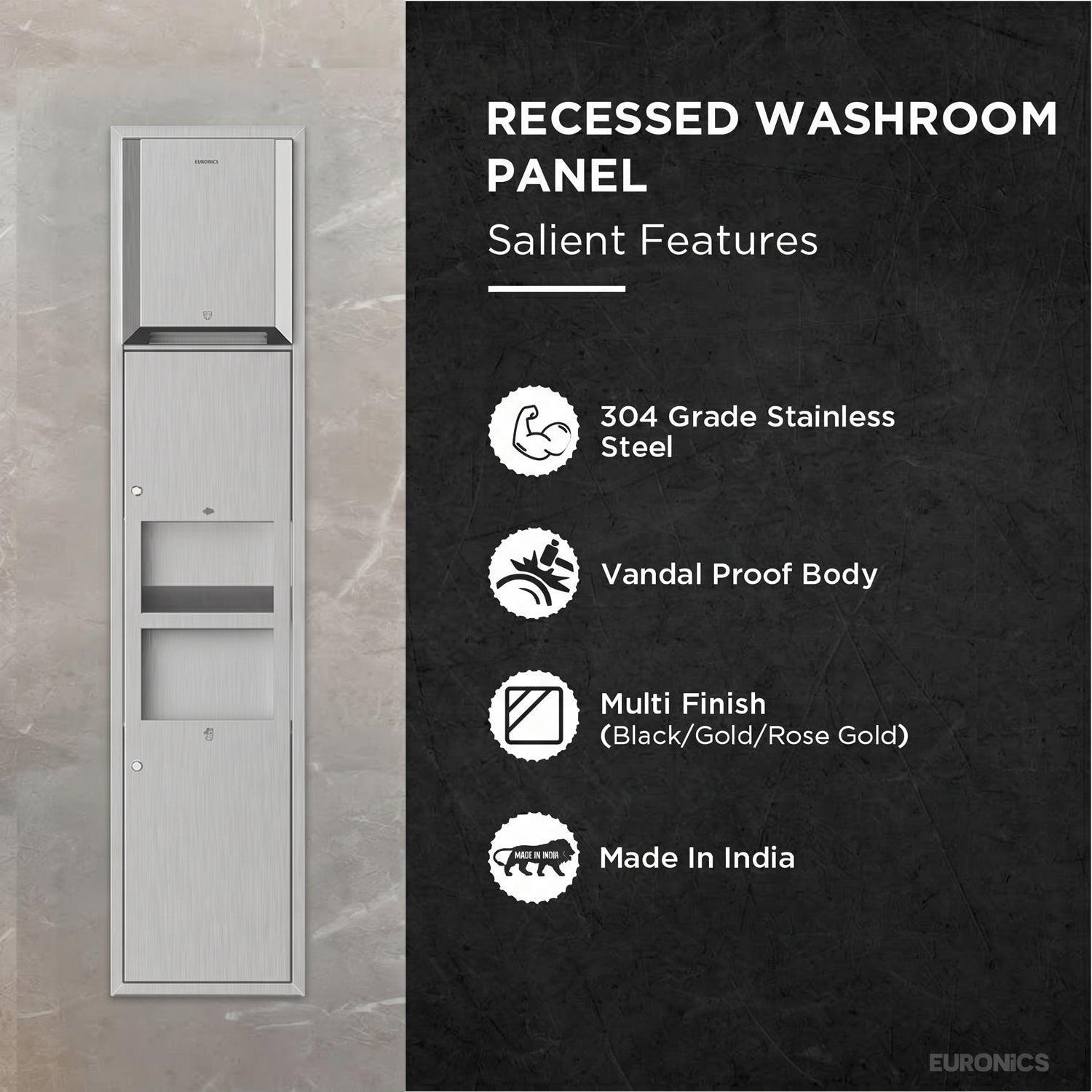 Image of Trimax R5— Recessed All-in-One Washroom Panel

Automatic Paper Roll Dispenser + Hand Dryer + Waste Receptacle